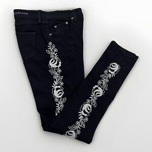 Carmar Embroidered Denim Mid Rise Skinny Jean Black White Flowers NWOT